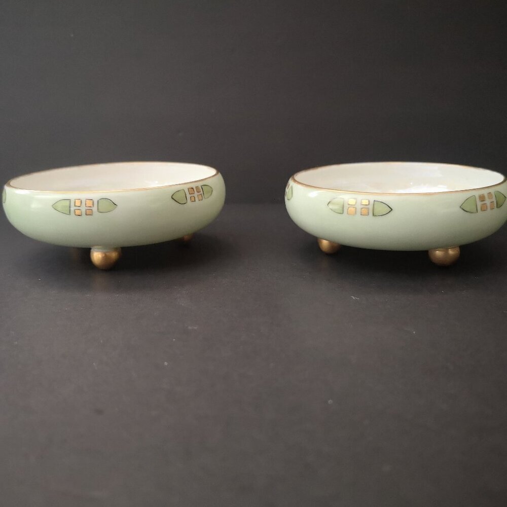 2 -Vintage O. & E.G. Royal Austria Footed Salt Cellar / Trinket Dish 3.5" Green